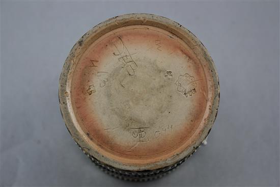 A Doulton Lambeth stoneware biscuit barrel, by Florence E. Barlow, dated 1884, 16cm. to finial